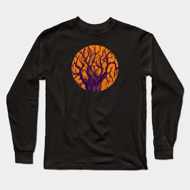 Baobab Tree In The Mist - Orange and Violet Sketch Drawing Long Sleeve T-Shirt by Tony Cisse Art Originals